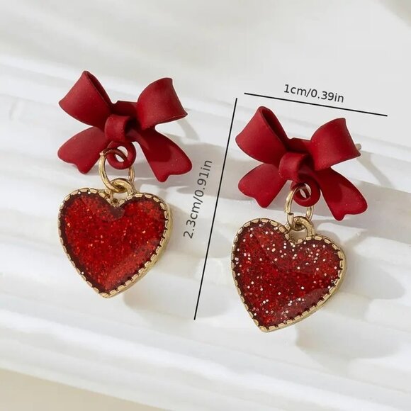 Red Bow & Glitter Heart Dangle Earrings - Picture 3 of 3